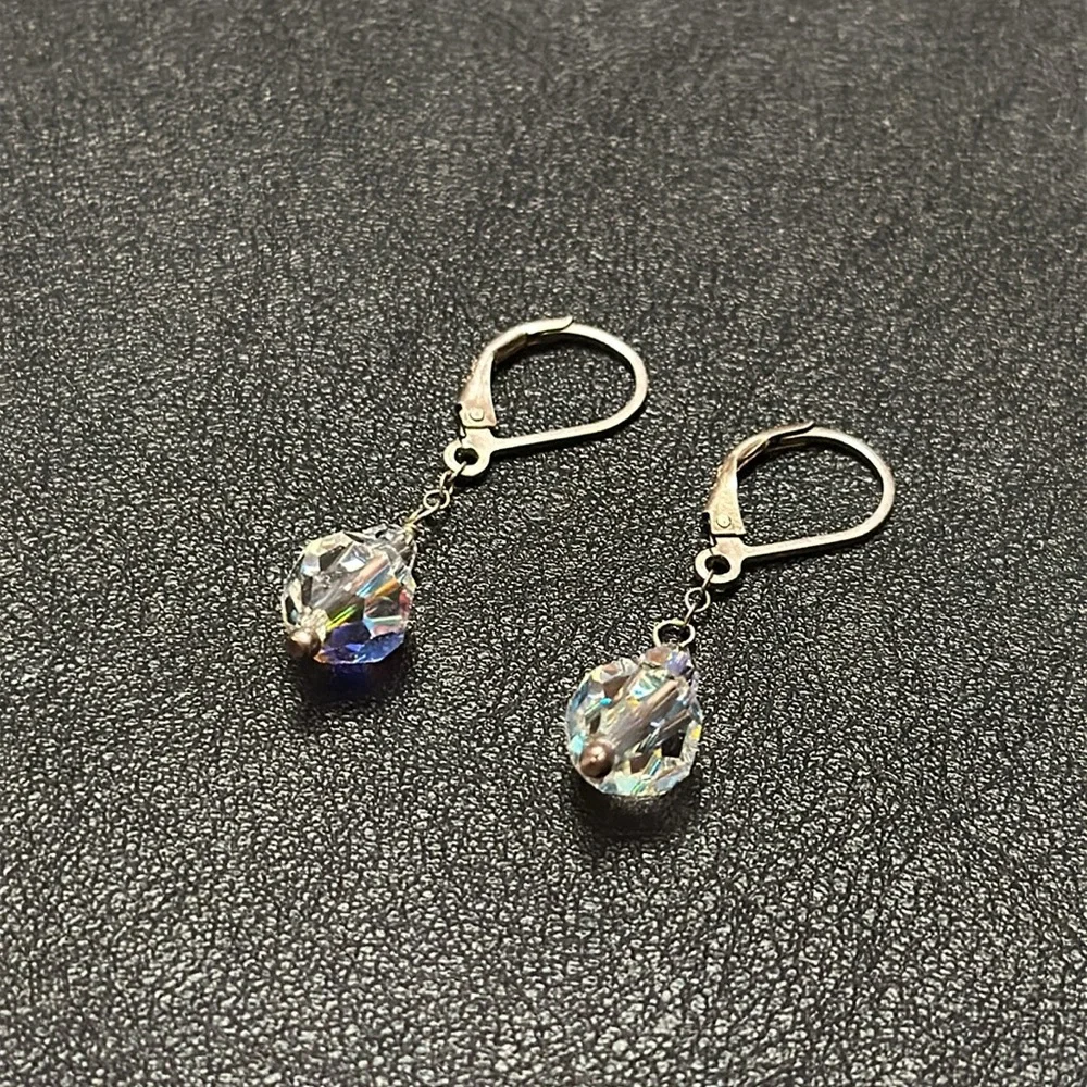 925 Silver Wire Hook Lever Back AB Clear Crystal Dangle Vintage Earrings